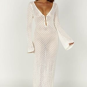 Kayleigh Crochet Fishtail Flare Sleeve Maxi Dress - White, Size Medium Mesh